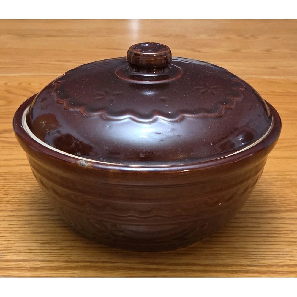 Vintage Marcrest Stoneware Covered Dish Daisy Dot Oven Proof Brown Drip Glaze